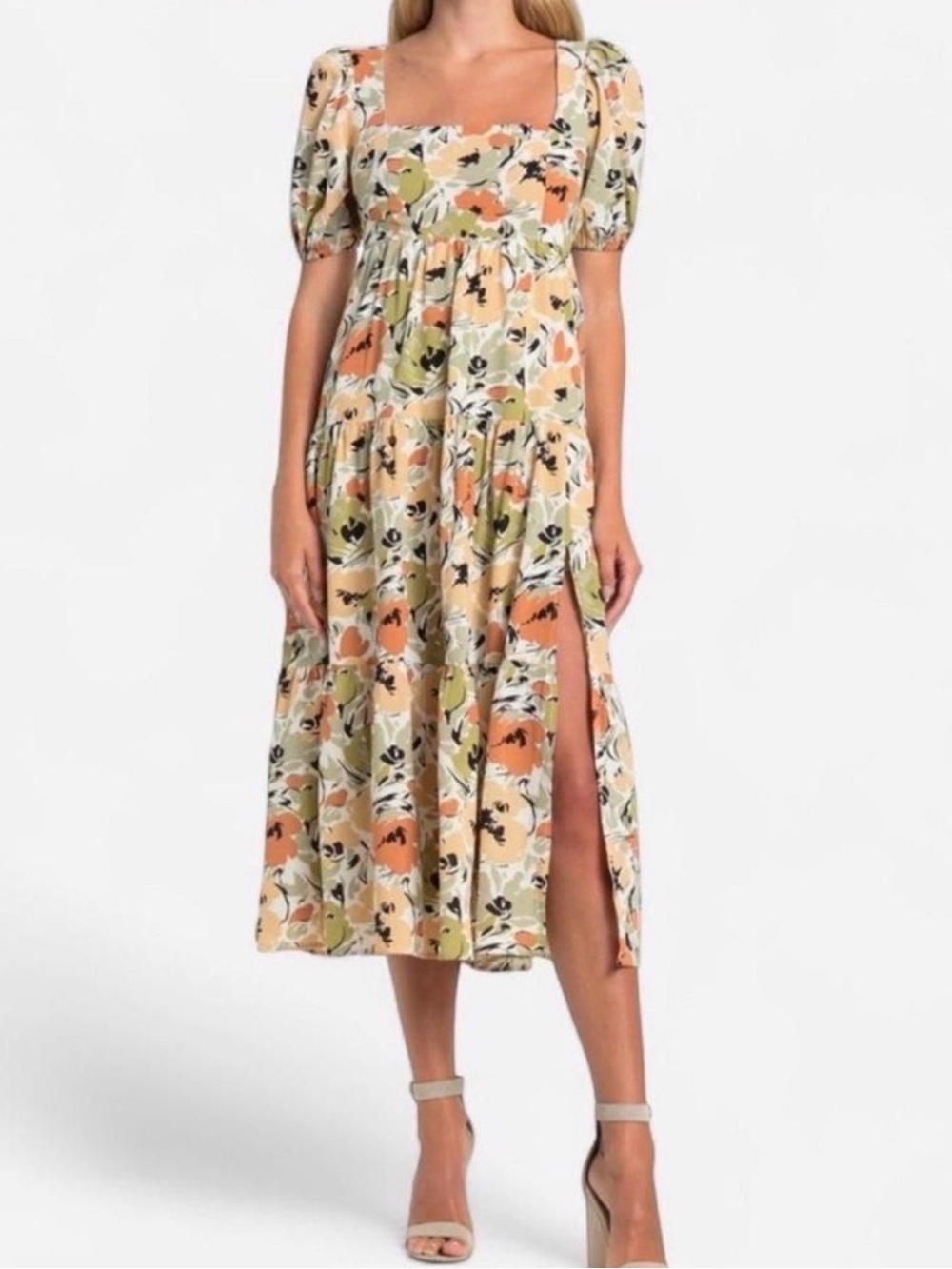 Astr Square-Neck Floral Midi Dress in Cream, Olive & Peach